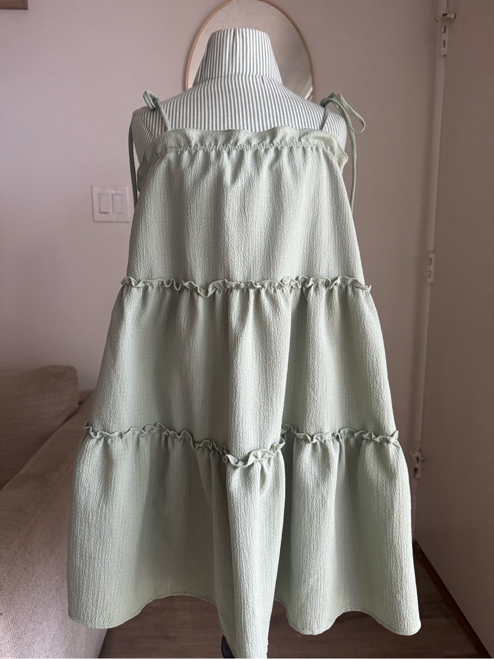 Talulah Sage Green Tiered Midi Dress Tie Strap Textured Cottagecore Size S